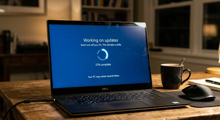 windows update stuck fix showing frozen progress bar at zero percent on a desktop screen