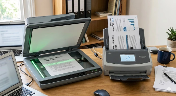 Flatbed scanner vs sheet fed scanner comparison on a home office desk