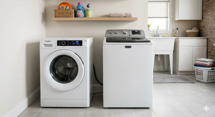 front load vs top load washer side by side in a modern laundry room