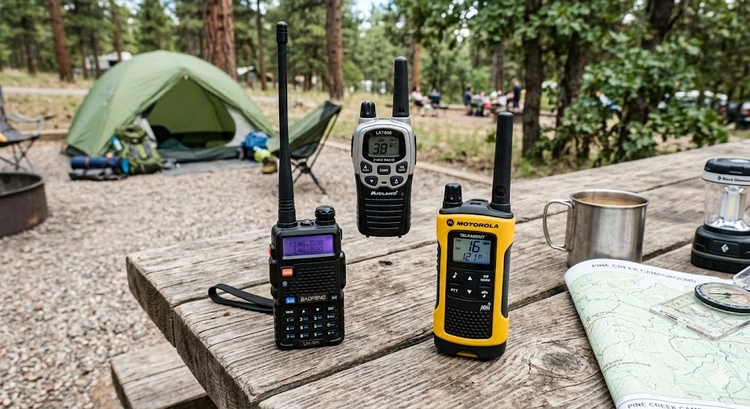 FRS vs GMRS vs MURS radio comparison showing three handheld radios side by side