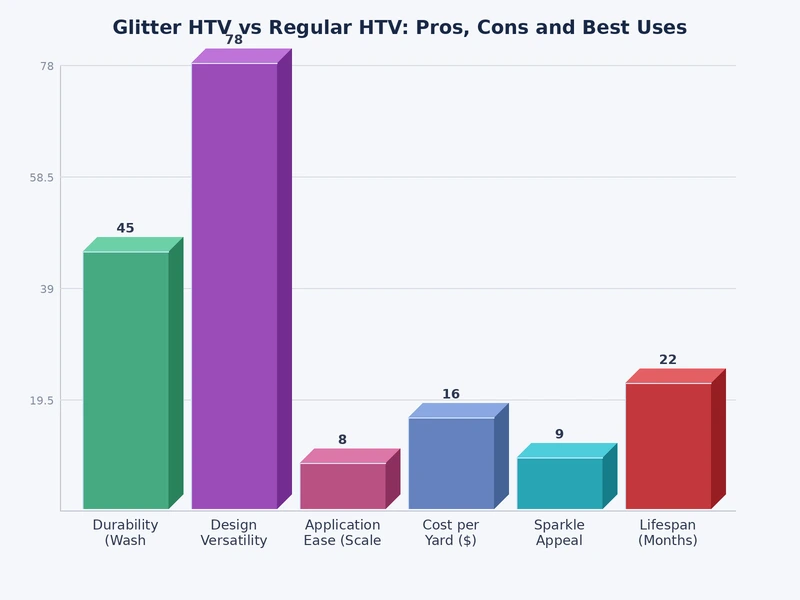 Bar chart comparing glitter HTV vs regular HTV across durability, cost, ease of use, and detail capability