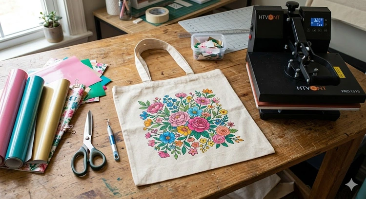 heat press on canvas bags showing HTV vinyl transfer being applied to a natural cotton tote bag on a clamshell press