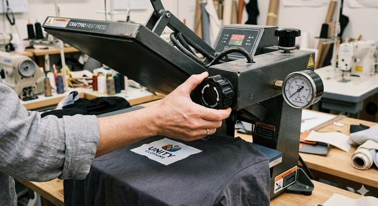 heat press pressure settings dial and platen contact adjustment on a clamshell machine