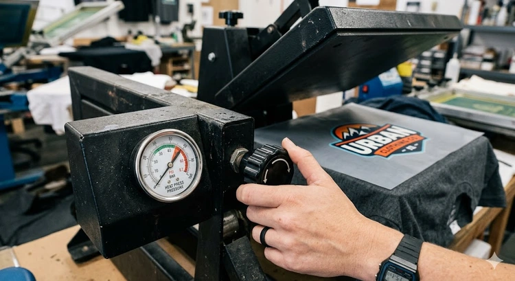 Heat press pressure settings adjustment knob on a clamshell heat press machine with dial indicator