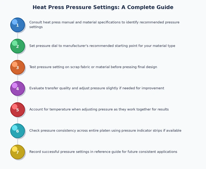 Step by step process diagram showing how to adjust heat press pressure settings for different fabric types and transfer materials