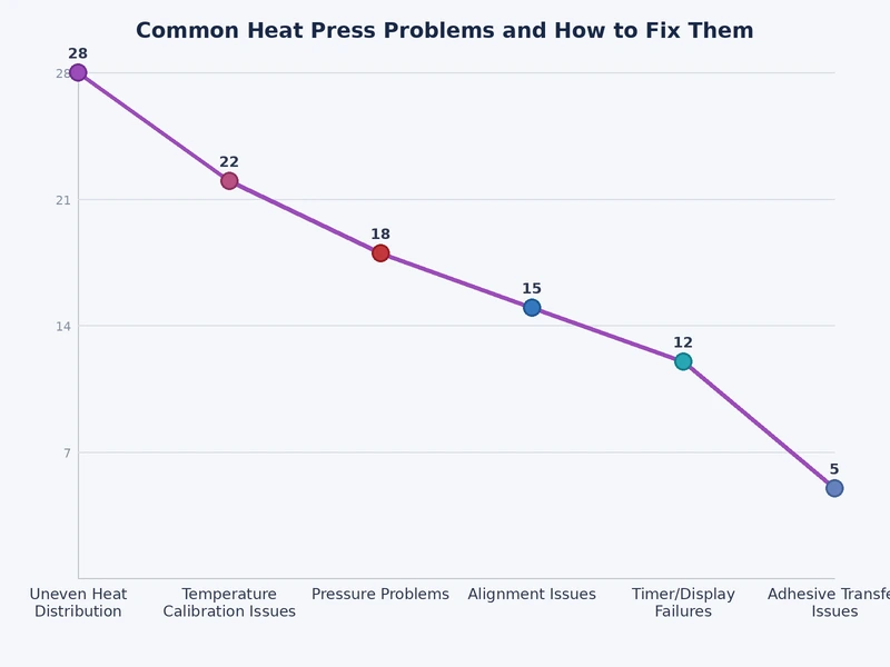 bar chart comparing frequency of heat press problems by type including peeling, scorching, ghosting, and uneven adhesion