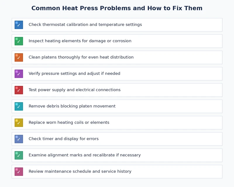 heat press troubleshooting checklist covering temperature calibration, pressure settings, peel timing, and fabric pre-press steps