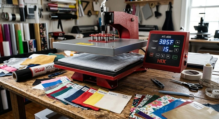 Heat press temperature guide showing a machine pressing a cotton t-shirt with digital display