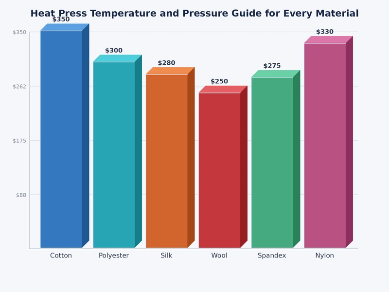 Chart comparing heat press temperature ranges for cotton, polyester, nylon, canvas, and ceramic substrates