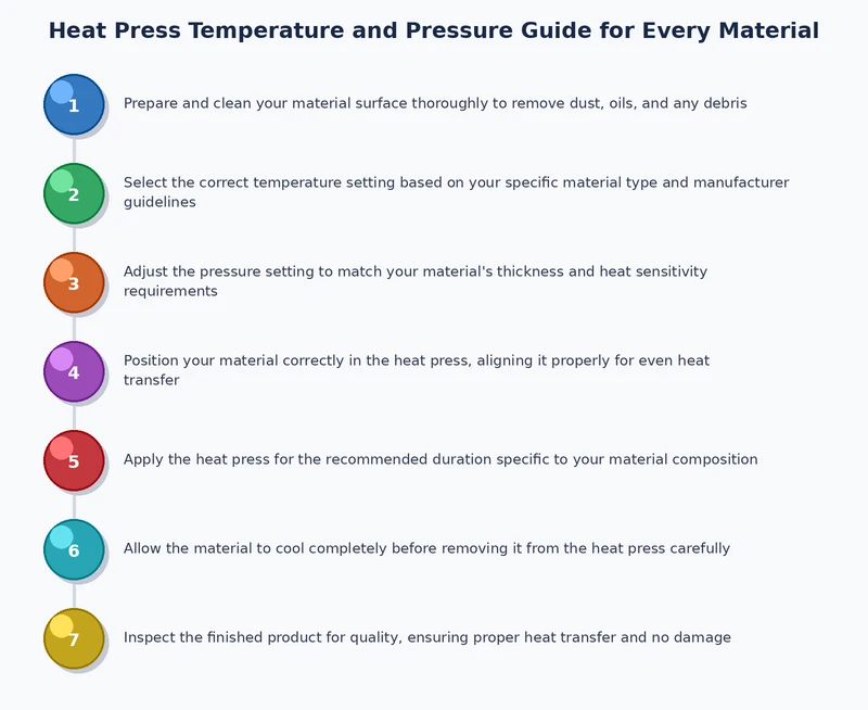 Step-by-step process diagram showing heat press workflow from pre-press to final peel