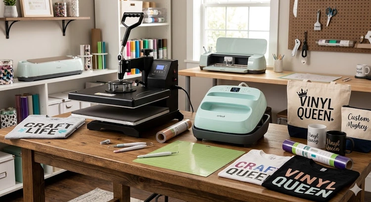 Heat press vs Cricut EasyPress positioned side by side on a crafting workbench