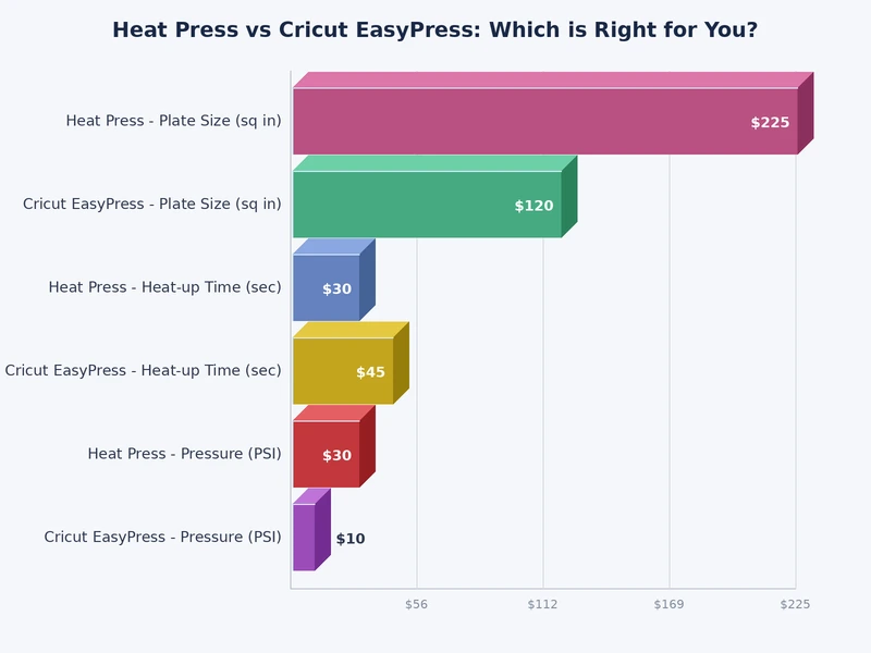 Bar chart comparing heat press vs Cricut EasyPress across eight performance and cost metrics