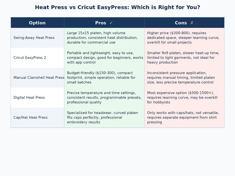 Side-by-side specification and cost comparison table for heat press vs Cricut EasyPress