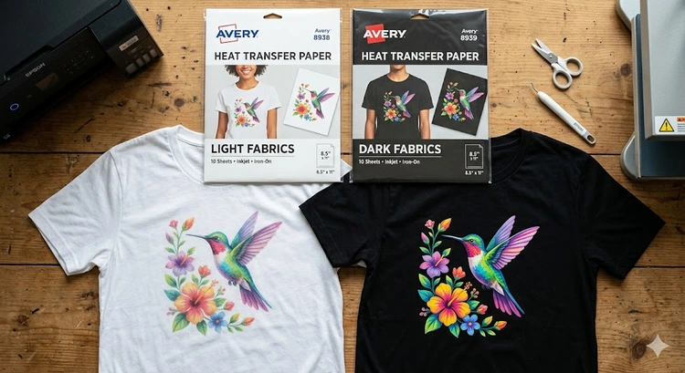 heat transfer paper for dark fabrics compared side by side with light fabric paper showing opaque white backing layer