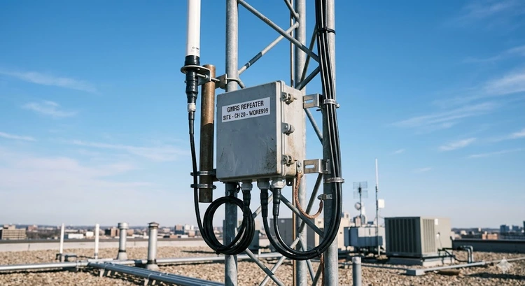 GMRS repeater mounted on a tower showing how a GMRS repeater works to extend radio range