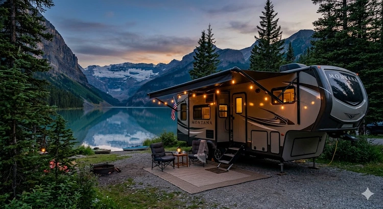 Cost to live in an RV full time — Class C motorhome parked at a scenic free campsite with mountains in the background