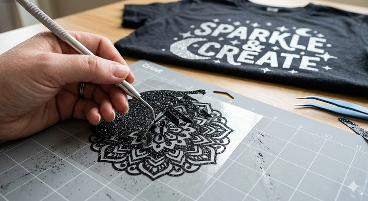 applying glitter htv with a heat press on a dark cotton garment showing correct carrier sheet placement