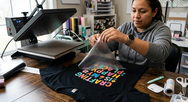 step-by-step guide showing how to apply heat transfer vinyl to a garment using a heat press machine