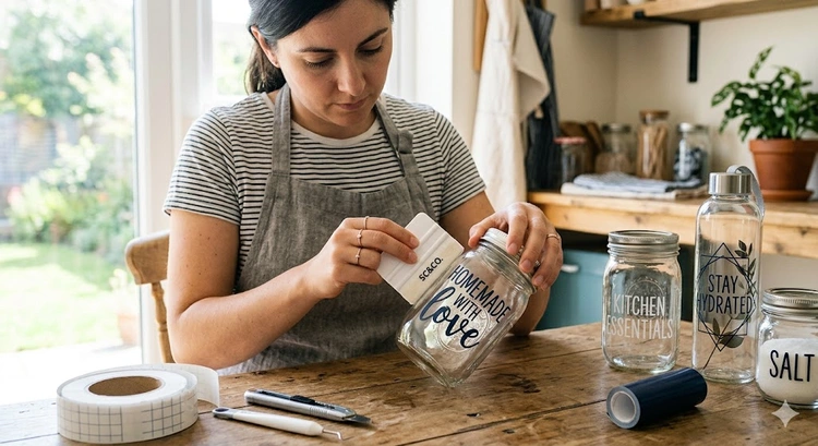 how to apply vinyl to glass using a plastic squeegee on a mason jar surface