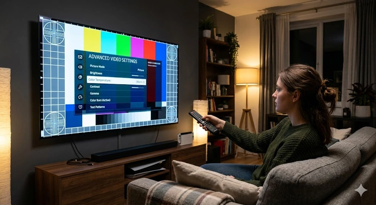 How to calibrate TV picture settings — remote control pointed at a display showing SMPTE color bars during calibration