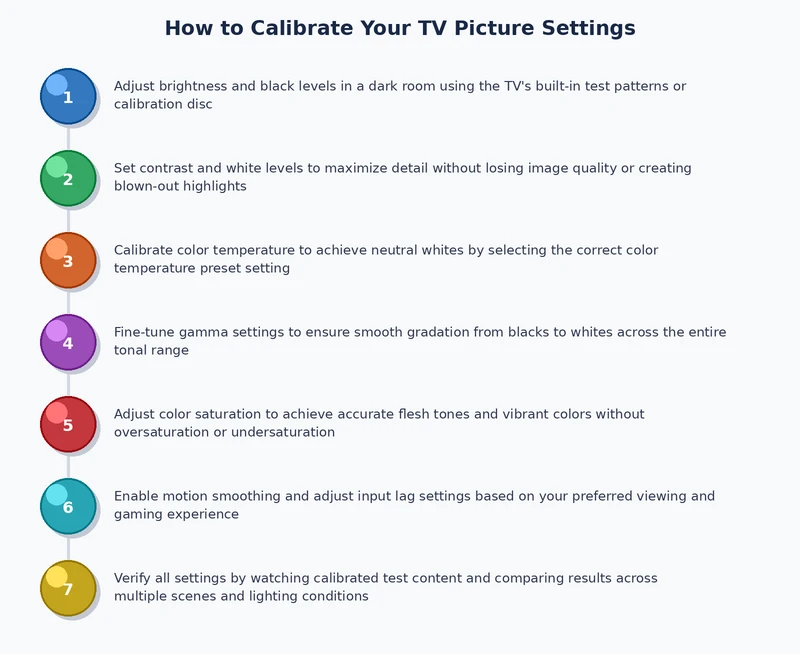 Step-by-step process diagram for TV picture calibration — showing the sequence from backlight through color management to motion settings