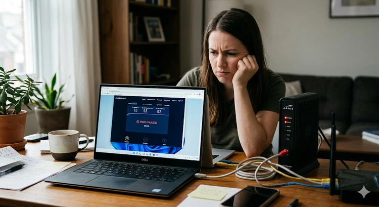how to tell if modem is causing slow internet — cable modem with status lights on a home desk