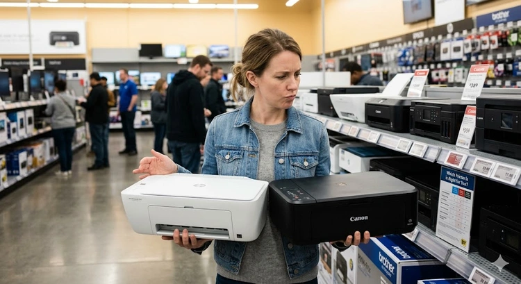 Home office desk with a compact laser printer next to a monitor showing how to choose a printer for home office setups