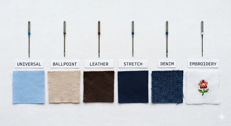 assorted sewing needle types for different fabrics laid out on a white surface