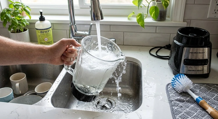 How to clean a blender using warm soapy water and a bottle brush