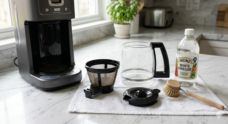 How to clean a coffee maker — white vinegar descaling solution poured into drip machine reservoir