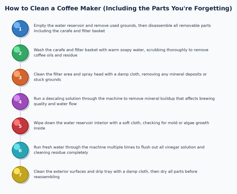 Step-by-step process diagram for how to clean a coffee maker covering daily, weekly, monthly, and quarterly maintenance intervals