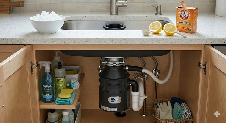 how to clean a garbage disposal using baking soda vinegar and citrus on a kitchen counter