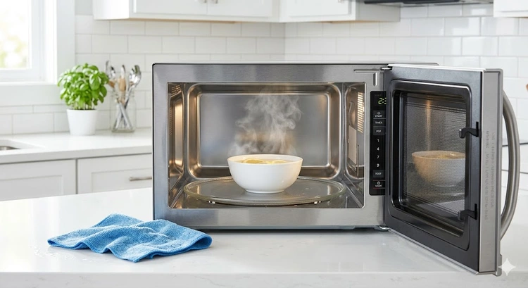 how to clean a microwave with vinegar using a bowl of steam inside the appliance
