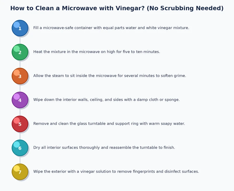 step-by-step process diagram for how to clean a microwave with vinegar showing bowl placement, steam, and wiping sequence