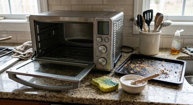 how to clean a toaster oven interior with baking soda paste and soft cloth