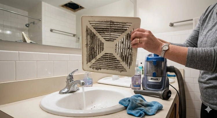 how to clean bathroom exhaust fan grille removed showing heavy dust and lint buildup on fan blades