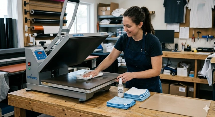 how to clean heat press machine — removing adhesive residue from the upper platen