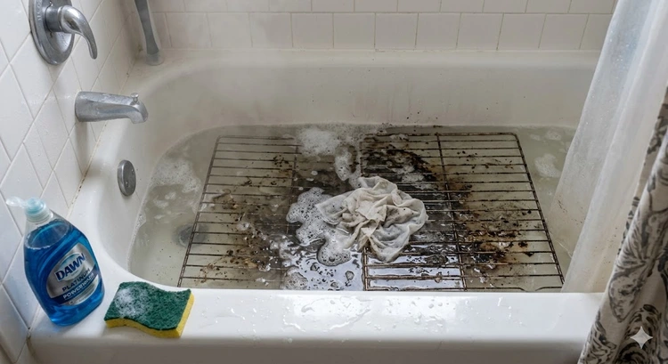 oven racks fully submerged in a bathtub soak showing how to clean oven racks without scrubbing