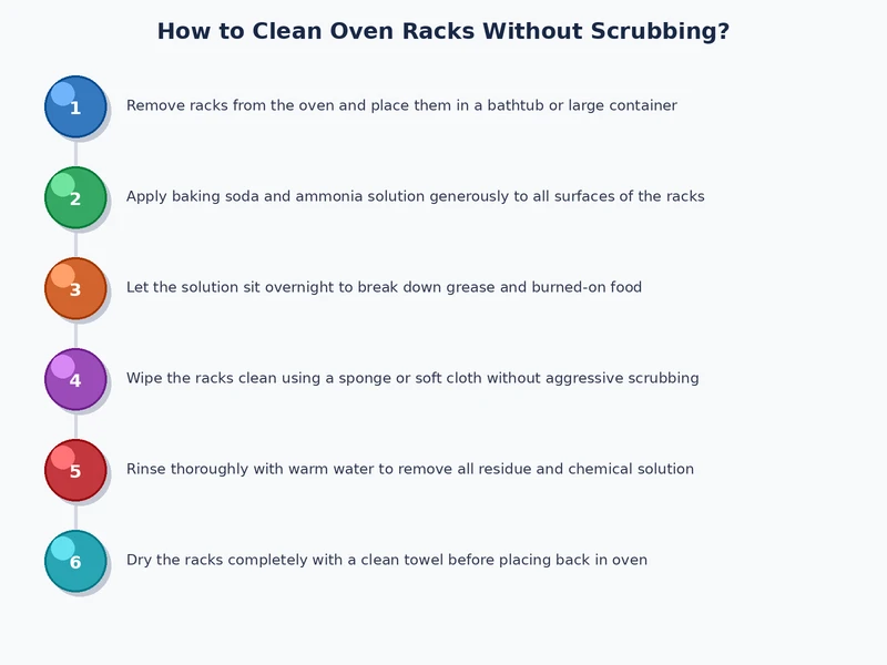 step-by-step process diagram for how to clean oven racks using the overnight bathtub soak method