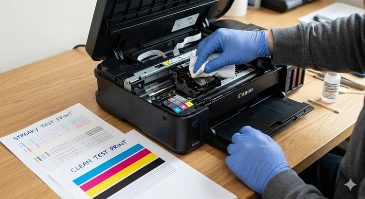 how to clean printer heads with distilled water and lint-free cloth on a desktop inkjet printer