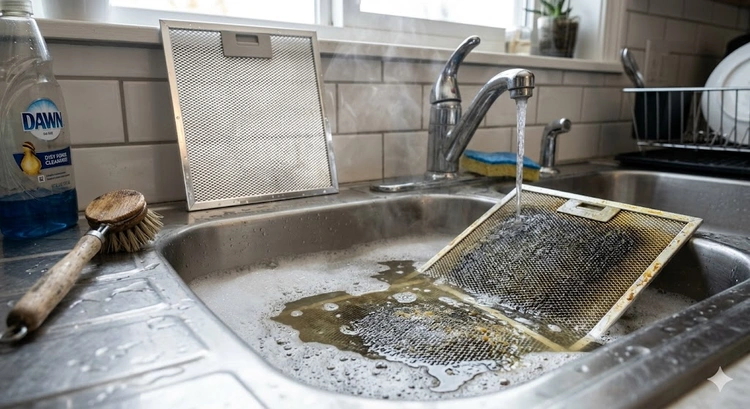 How to clean range hood filters — aluminum mesh filter removed from a residential range hood before cleaning