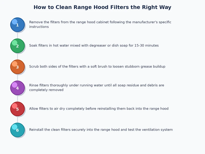 Process diagram showing how to clean range hood filters in five steps: remove, soak, scrub, rinse, and reinstall