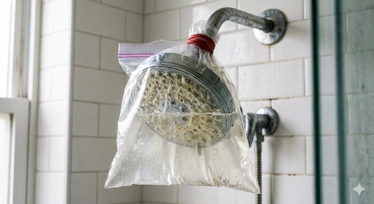 showerhead with white calcium buildup on nozzles showing how to clean showerhead from calcium buildup