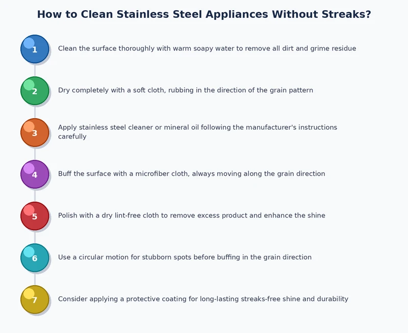 process diagram showing six steps to clean stainless steel appliances without streaks