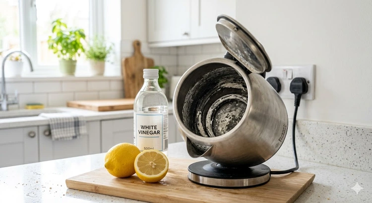 How to descale an electric kettle — close-up of limescale buildup coating a metal heating element