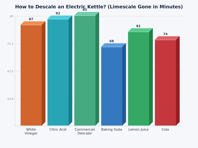 Bar chart comparing electric kettle descaling methods by cost per use, effectiveness rating, odor level, and time required