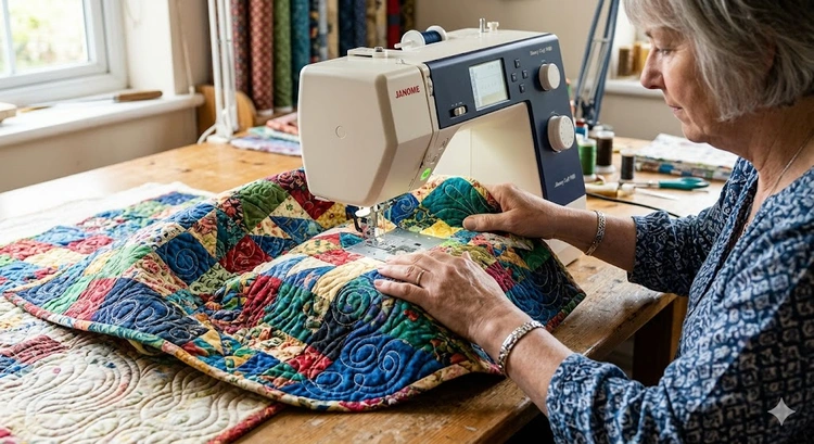 beginner practicing how to do free motion quilting on a home sewing machine with darning foot attached