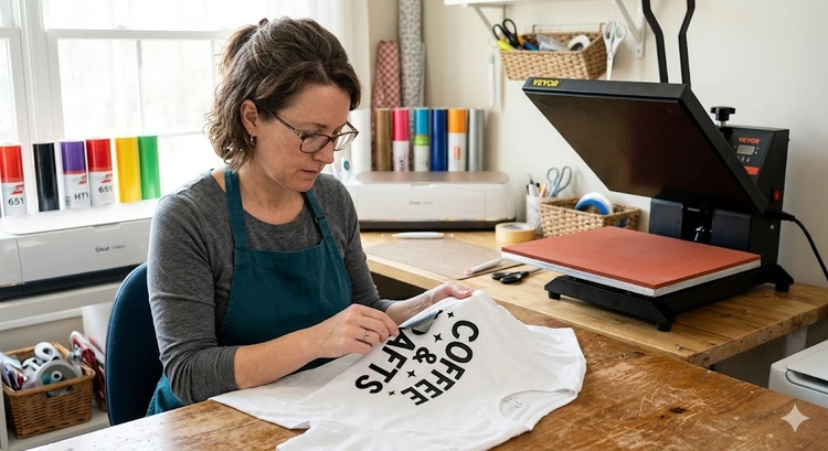 Heat press mistakes and how to fix them shown on a clamshell press with HTV material