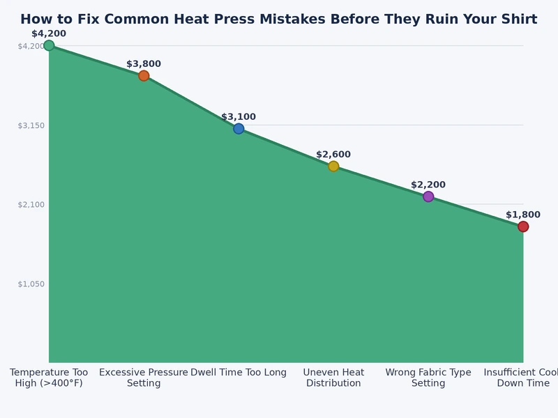 Chart comparing heat press error frequency across temperature, pressure, and timing categories