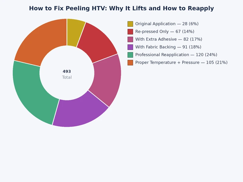 bar chart showing top causes of HTV peeling by reported frequency including temperature, pressure, and washing errors